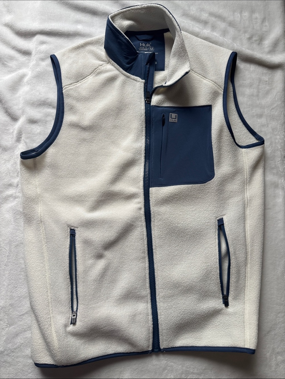 Huk Waypoint White Fleece Vest with Navy Accents